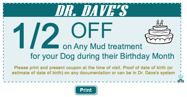 1/2 off on any mud treatment for your dog during their birthday month coupon in Dr. Daves grooming at Campbell, CA